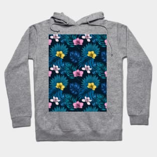 Orchids and palm leaves, pink, yellow and blue Hoodie